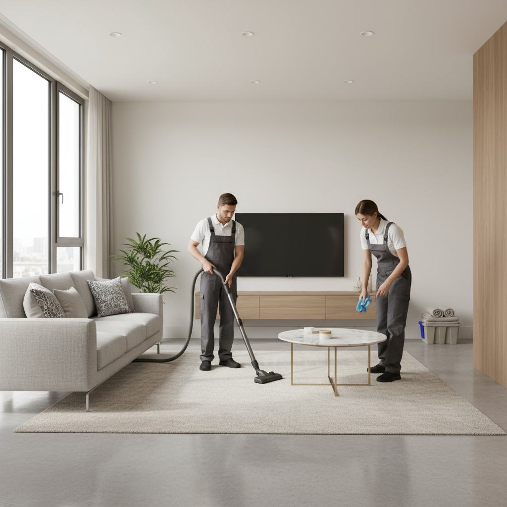 Professional cleaner vacuuming a bright modern living room