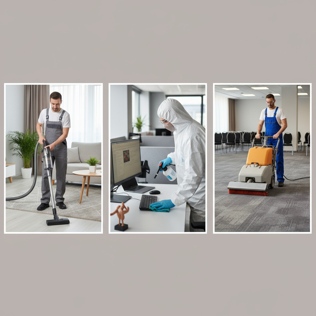 Collage showing residential, office, and carpet cleaning scenes